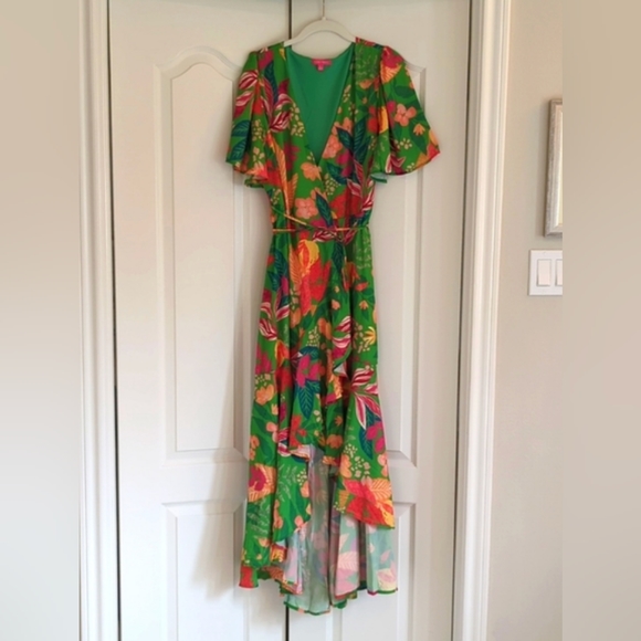Flying Tomato high low wrap dress. Size L, green tropical - Picture 6 of 6